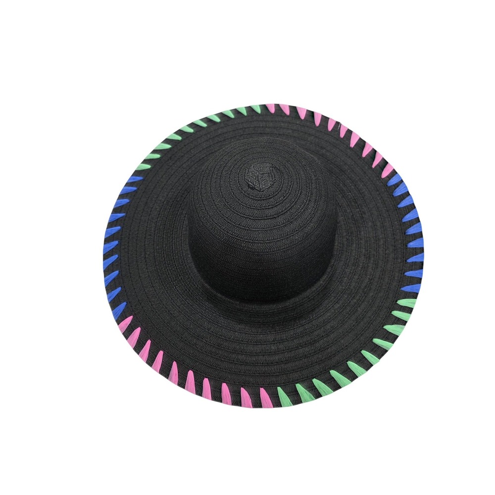 Black Straw Sun Hat Wide Brim Floppy Pink Blue Green Whipstitch Trim